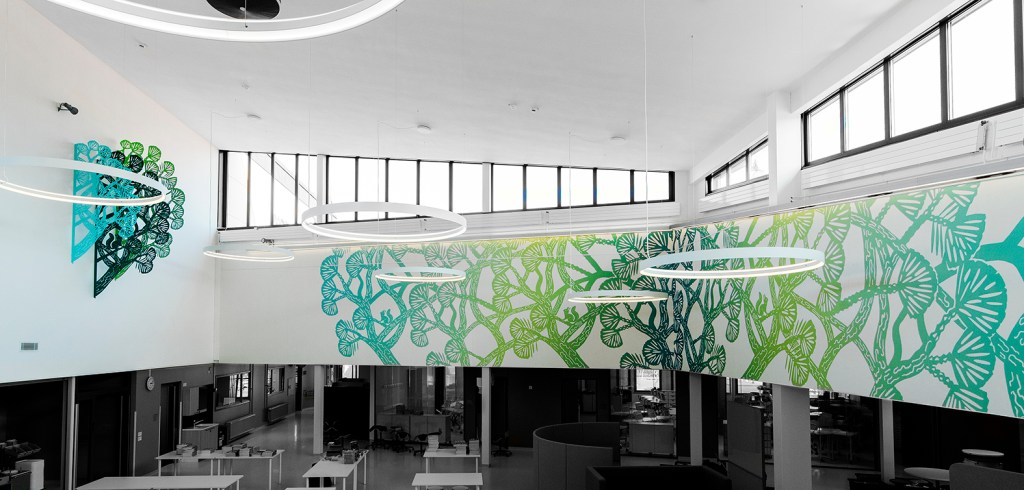 Piilopaikka / The Hiding Place , Oravametsä / The Squirrel Forest, installation and print on wall. Korkeakosken koulu, Kotka 2019. Photo: Linda Varoma